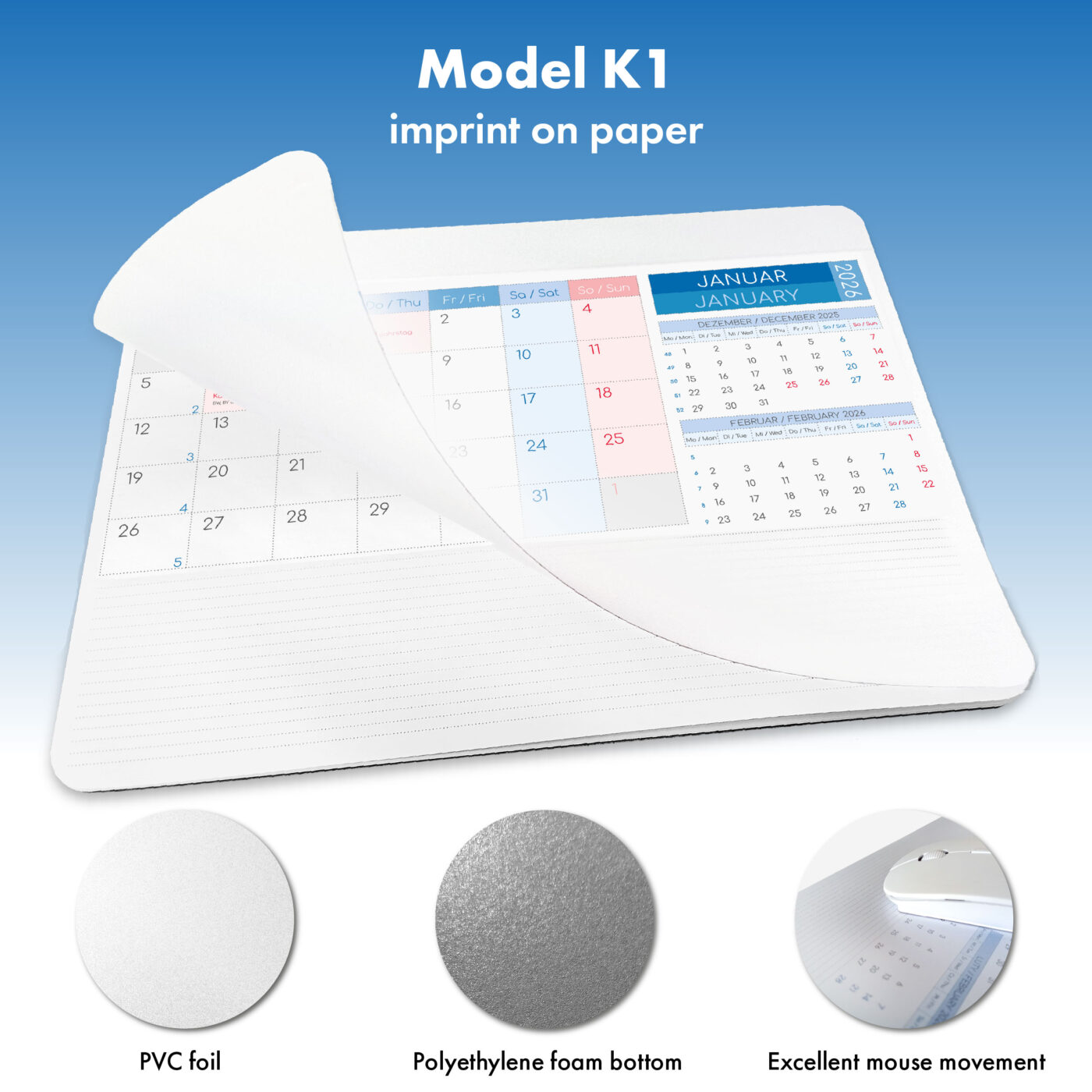Mouse pad with calendar and advertising print only on calendar cards. The upper foil layer is unprinted, and the connection is covered with a white 1 cm strip. 👉 Advertising area: calendar cards only.