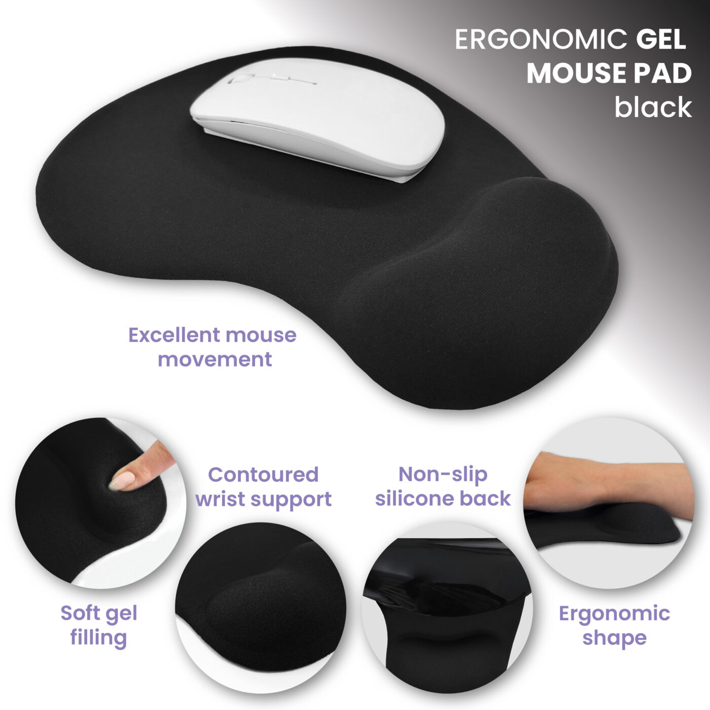 Black ergonomic gel mouse pad with wrist support – comfort and style for your desk