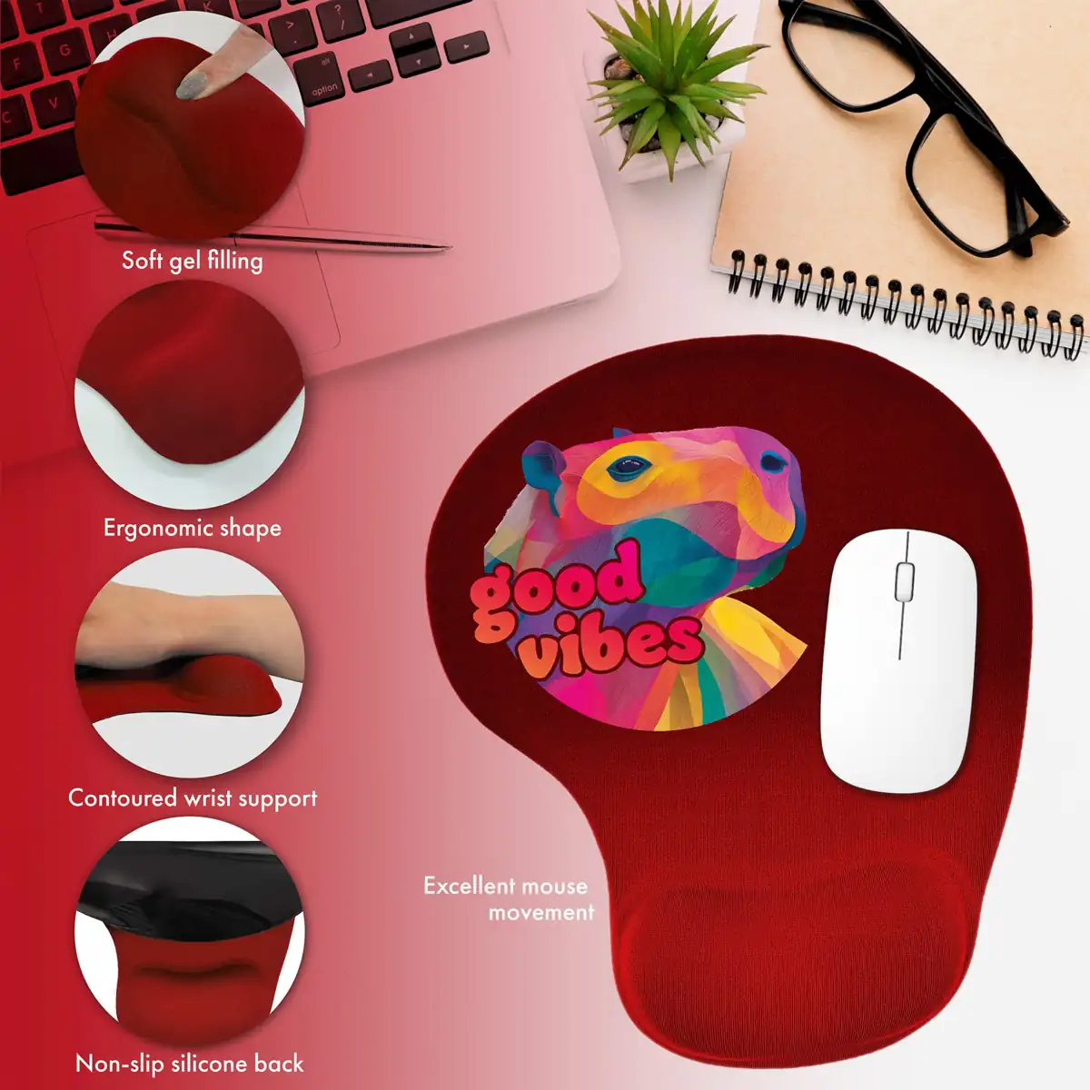 Red ergonomic gel mouse pad with wrist support – gradient surface and product variations