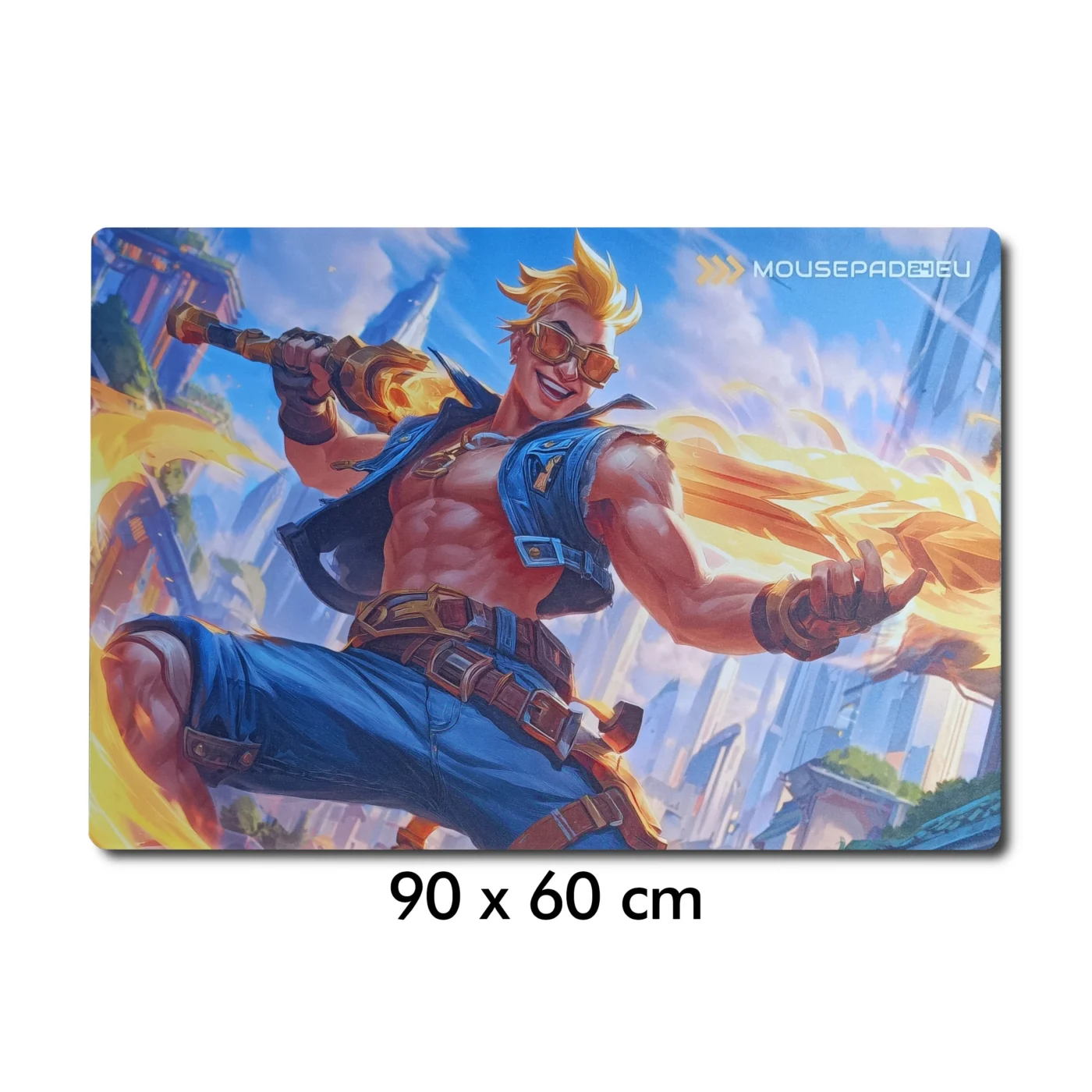 GAM XL Giant (00) – podkładka gamingowa 90 × 60 cm z nadrukiem full color Podkładka gamingowa GAM XL Giant 90 × 60 cm z kolorowym nadrukiem bohatera fantasy i oznaczeniem wymiarów